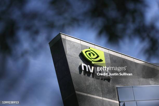 Sign is posted at the Nvidia headquarters on May 25, 2022 in Santa Clara, California. Semiconductor maker Nvidia will report first quarter earnings...