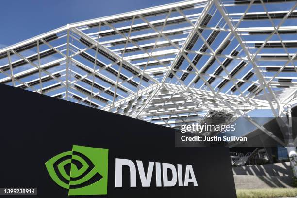 Sign is posted at the Nvidia headquarters on May 25, 2022 in Santa Clara, California. Semiconductor maker Nvidia will report first quarter earnings...