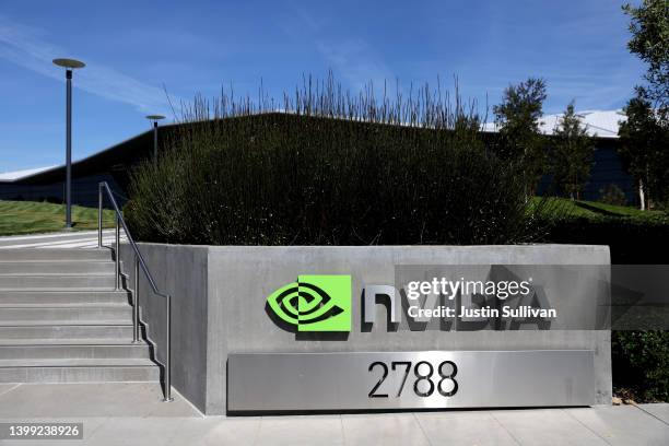 Sign is posted at the Nvidia headquarters on May 25, 2022 in Santa Clara, California. Semiconductor maker Nvidia will report first quarter earnings...