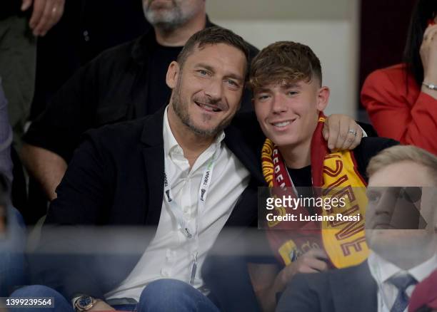 Francesco Totti and his son Cristian Totti attend before the UEFA Conference League final match between AS Roma and Feyenoord at Arena Kombetare on...
