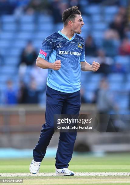 Vikings bowler Jordan Thompson celebrates after taking a wicket during the Vitality T20 Blast match between Yorkshire Vikings and Worcestershire...