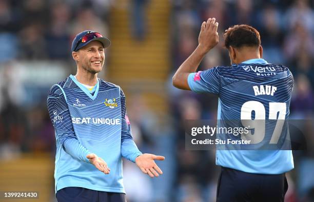 Vikings captain Joe Root congratulates Haris Rauf after Rauf had run out batsman Gareth Roderick during the Vitality T20 Blast match between...