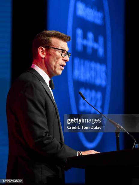 Damian Hopley, Rugby Players Association CEO speaks during the Eterlast RPA Awards 2022 at Battersea Evolution on May 25, 2022 in London, England.