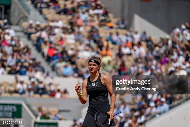 Karolina Muchova of Czech Republic celebrates winning a point during the Women's Singles Round 2 match against Maria Sakkari of Greece on Day Four of...