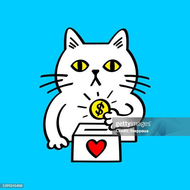 white cat donating money - cat in box stock illustrations