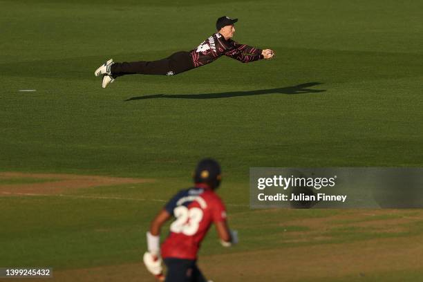 Lewis Goldsworthy of Somerset catches out Daniel Bell-Drummond of Kent during the Vitality T20 Blast match between Kent Spitfires and Somerset at The...