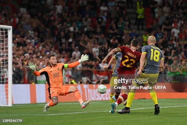 Nicolo Zaniolo of AS Roma scores their sides first goal past Justin Bijlow of Feyenoord during the UEFA Conference League final match between AS Roma...
