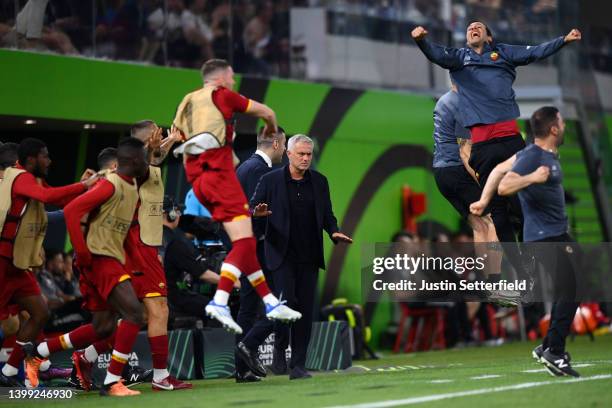 Jose Mourinho reacts after Nicolo Zaniolo of AS Roma scored their sides first goal during the UEFA Conference League final match between AS Roma and...