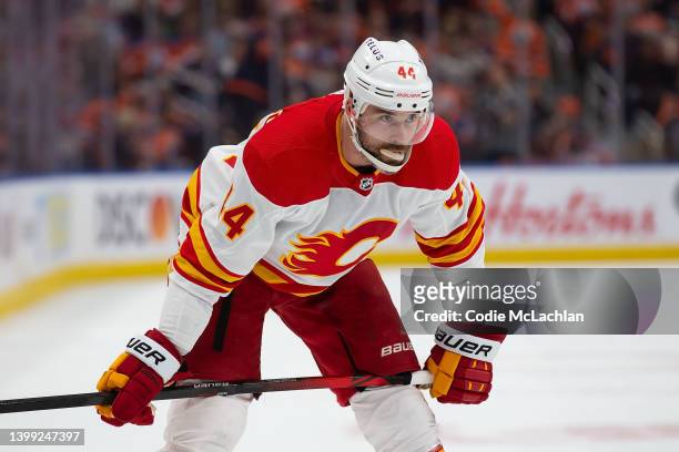 Erik Gudbranson of the Calgary Flames skates against the Edmonton Oilers during the first period in Game Four of the Second Round of the 2022 Stanley...