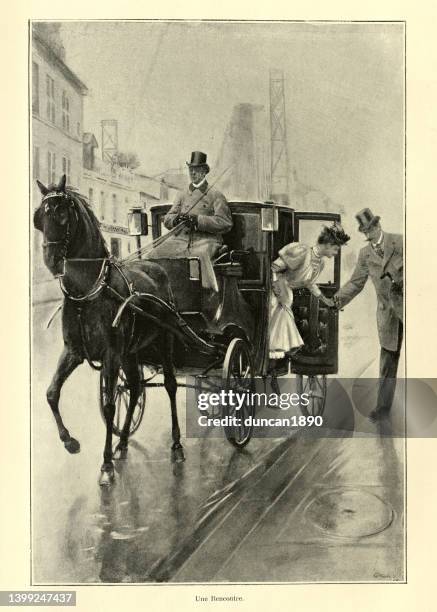 bildbanksillustrationer, clip art samt tecknat material och ikoner med gentleman helping a woman out of a horse drawn cab, paris, 19th century - höviskhet