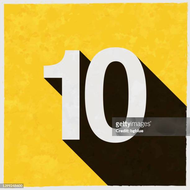 stockillustraties, clipart, cartoons en iconen met 10 - number ten. icon with long shadow on textured yellow background - getal 10