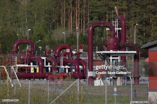 Compressor station for the natural gas pipeline arriving from Russia stands near the Russian border at Räikkölä on May 25, 2022 near Imatra, Finland....