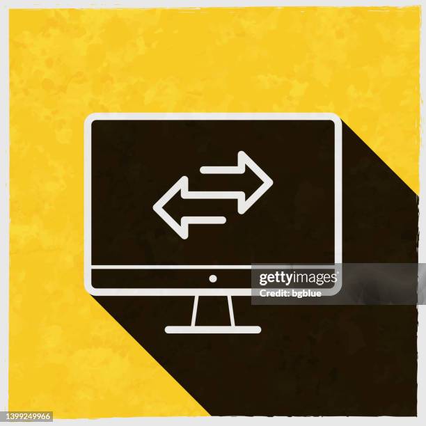 transfer with desktop computer. icon with long shadow on textured yellow background - tv screen texture stock illustrations