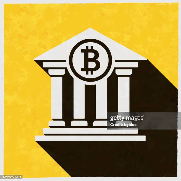 bank with bitcoin sign. icon with long shadow on textured yellow background - court notice stock illustrations