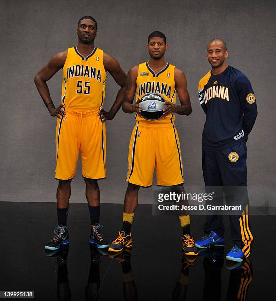 Roy Hibbert, Paul George and Dahntay Jones of the Indiana Pacers pose for a portrait prior to the Sprite Slamd Dunk Contest as part of 2012 All-Star...