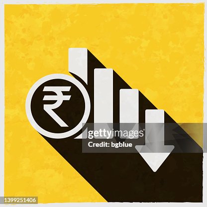 Indian rupee rate decrease. Icon with long shadow on textured yellow background Indian rupee rate decrease. Icon with long shadow on textured yellow background
