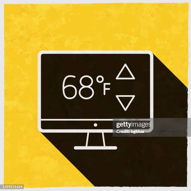 desktop computer with heating control. icon with long shadow on textured yellow background - tv screen texture stock illustrations