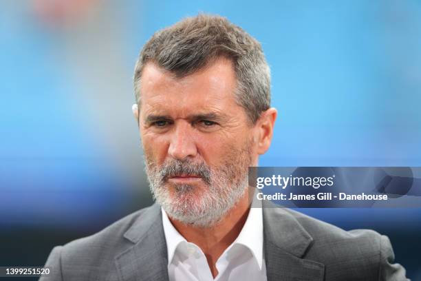 Sky Sports pundit Roy Keane looks on during the Premier League match between Manchester City and Aston Villa at Etihad Stadium on May 22, 2022 in...