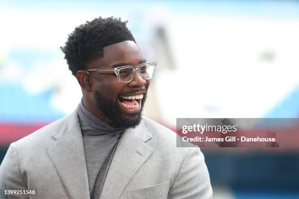 Sky Sports pundit Micah Richards looks on during the Premier League match between Manchester City and Aston Villa at Etihad Stadium on May 22, 2022...
