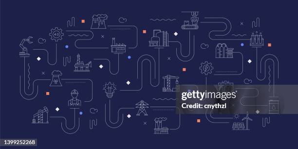 heavy and power industry related vector banner design concept, modern line style with icons - gas pipes stock illustrations