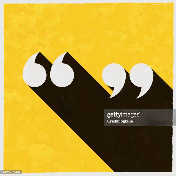 quotation marks. icon with long shadow on textured yellow background - quote mark icon stock illustrations