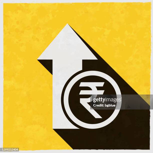 indian rupee increase. icon with long shadow on textured yellow background - copper texture background stock illustrations