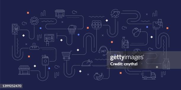 internet grocery related vector banner design concept, modern line style with icons - delivering groceries stock illustrations