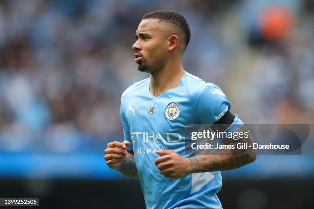 Gabriel Jesus of Manchester City during the Premier League match between Manchester City and Aston Villa at Etihad Stadium on May 22, 2022 in...