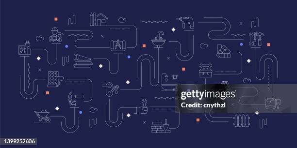 home renovation related vector banner design concept, modern line style with icons - interior designer working stock illustrations