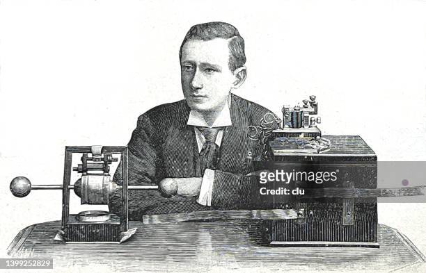 guglielmo marconi and his telegraph machine - guglielmo marconi stock illustrations