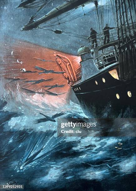 flying fishes - sailing ship night stock illustrations