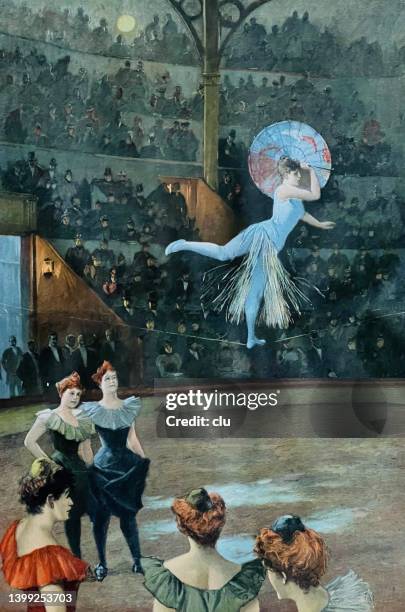 female artist with a parasol dances on the tightrope - circus performer stock illustrations