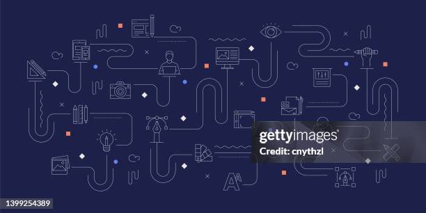 graphic design related vector banner design concept, modern line style with icons - topics stock illustrations