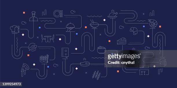 stockillustraties, clipart, cartoons en iconen met restaurant and food related vector banner design concept, modern line style with icons - salad bar