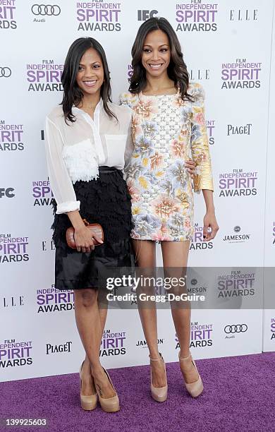 Zoe Saldana and sister Cicely Saldana arrive at the 2012 Film Independent Spirit Awards at Santa Monica Pier on February 25, 2012 in Santa Monica,...