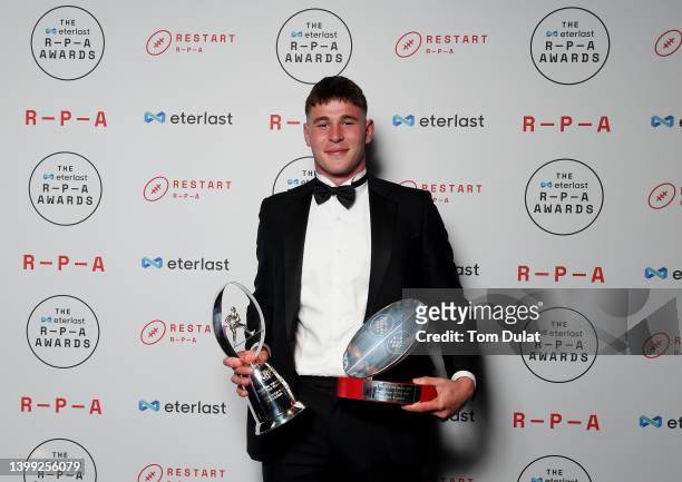 Freddie Steward poses with The England Men’s Player of the Year in association with esya and The MPH Sports Young Player of the Year Awards during...