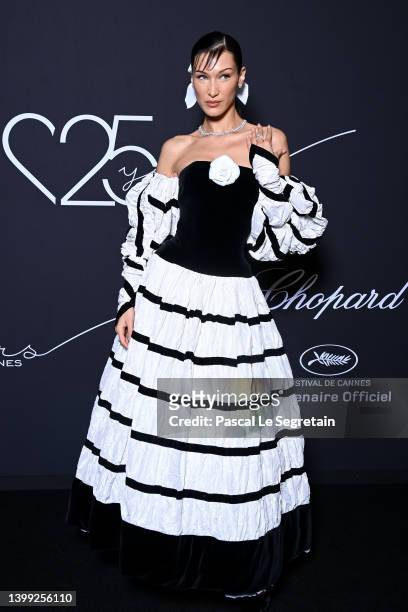 Bella Hadid wearing Chopard attends the "Chopard Loves Cinema" Gala Dinner at Hotel Martinez on May 25, 2022 in Cannes, France.