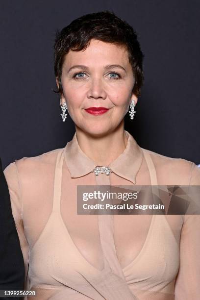 Maggie Gyllenhaal wearing Chopard attends the "Chopard Loves Cinema" Gala Dinner at Hotel Martinez on May 25, 2022 in Cannes, France.