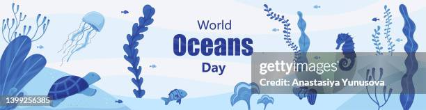 ilustraciones, imágenes clip art, dibujos animados e iconos de stock de plantilla de banner web para el día mundial de los océanos - world oceans day