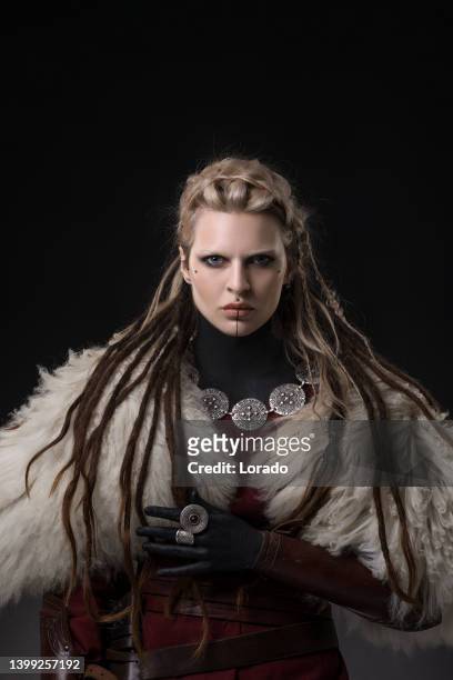 portrait of beautiful blonde fantasy viking woman - viking warrior stock pictures, royalty-free photos & images