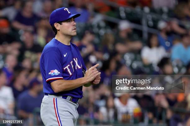 Matt Moore of the Texas Rangers looks on during the eighth inning against the Houston Astros at Minute Maid Park on May 19, 2022 in Houston, Texas.