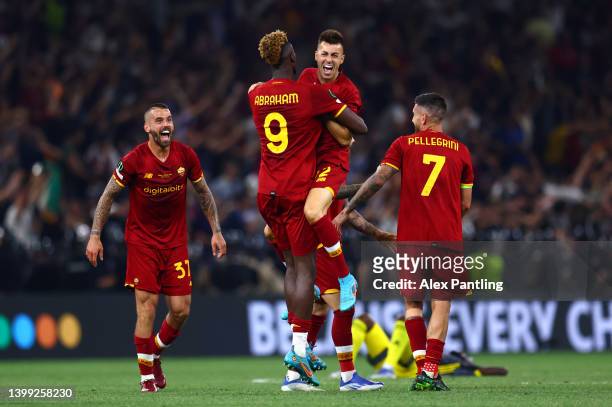 Tammy Abraham and Stephan El Shaarawy celebrate following their sides victory in the UEFA Conference League final match between AS Roma and Feyenoord...