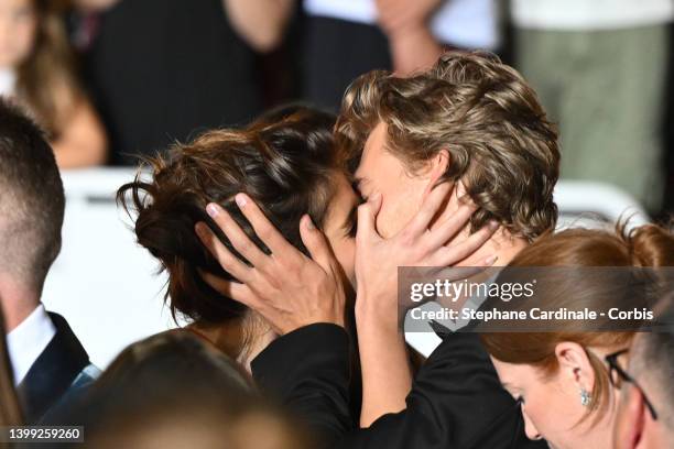 Kaia Gerber and Austin Butler depart the screening of "Elvis" during the 75th annual Cannes film festival at Palais des Festivals on May 25, 2022 in...