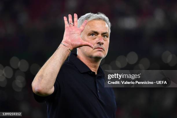 Jose Mourinho, Head Coach of AS Roma celebrates winning the UEFA Europa Conference League during the UEFA Conference League final match between AS...