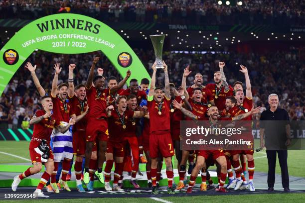 Lorenzo Pellegrini of AS Roma lifts the UEFA Europa Conference League Trophy after their sides victory in the UEFA Conference League final match...