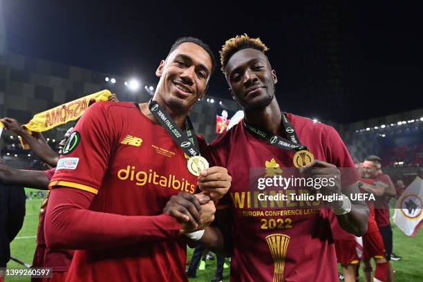 Chris Smalling and Tammy Abraham of AS Roma celebrate following their sides victory in the UEFA Conference League final match between AS Roma and...