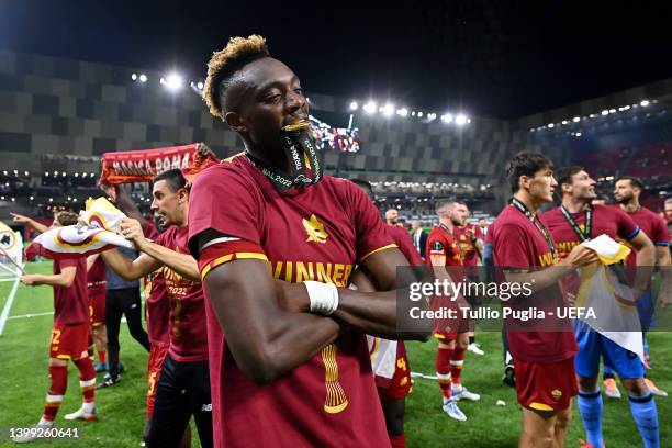 Tammy Abraham of AS Roma celebrates following their sides victory in the UEFA Conference League final match between AS Roma and Feyenoord at Arena...