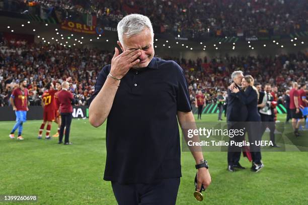 Jose Mourinho, Head Coach of AS Roma reacts following their sides victory in the UEFA Conference League final match between AS Roma and Feyenoord at...