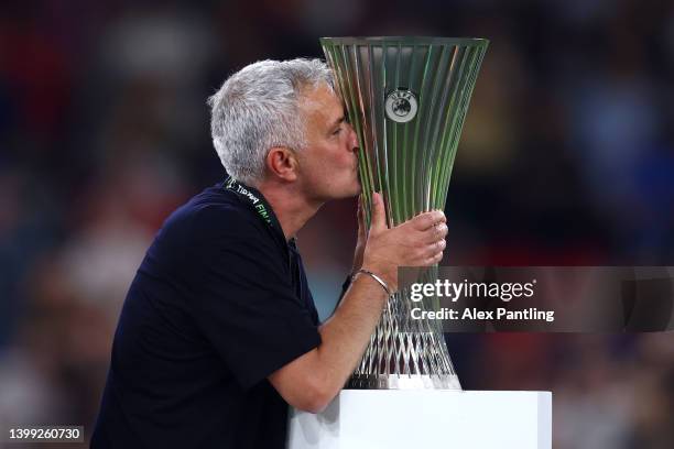 Jose Mourinho, Head Coach of AS Roma celebrates with the UEFA Europa Conference League Trophy after their sides victory in the UEFA Conference League...