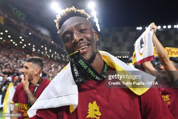 Tammy Abraham of AS Roma celebrates following their sides victory in the UEFA Conference League final match between AS Roma and Feyenoord at Arena...